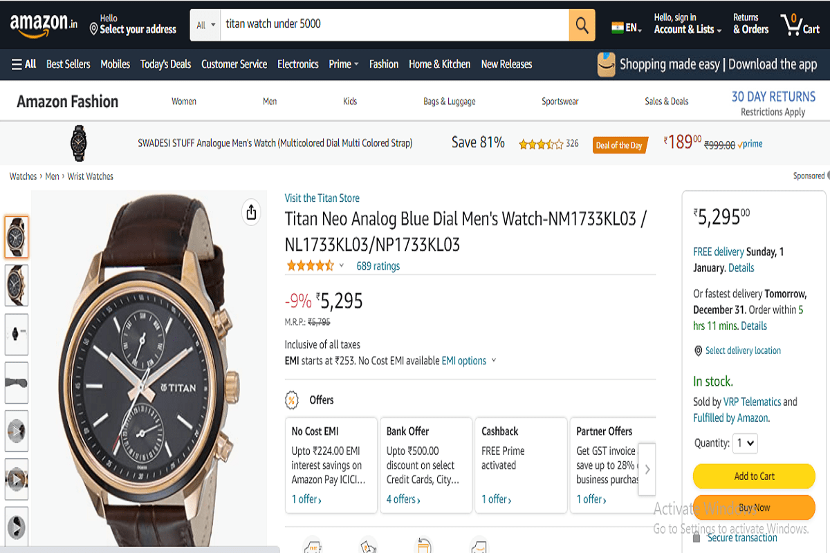 Titan Neo Analog Blue Dial Men's Watch-1733KL03