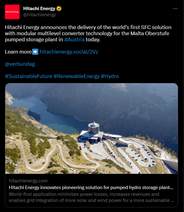 Hitachi Energy tweet | Hitachi's Pioneer Solution for Europe's Pumped Hydro Storage Plant