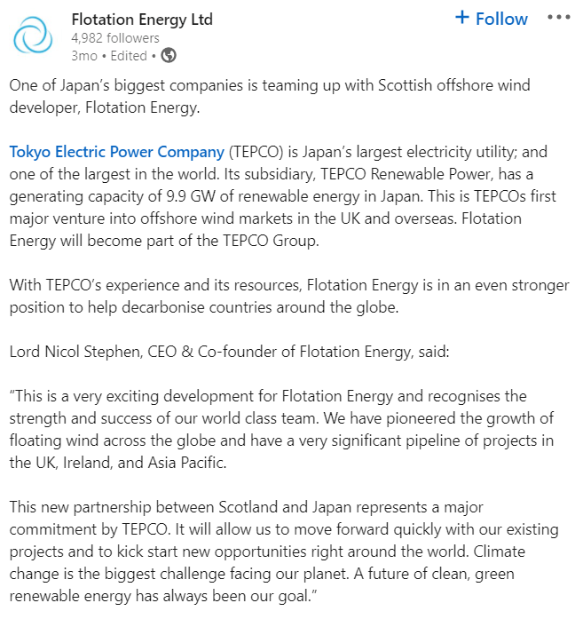 Floatation Energy linkedIn post | Japan's Utility Giant TEPCO Teams up with Scotland's Floatation Energy