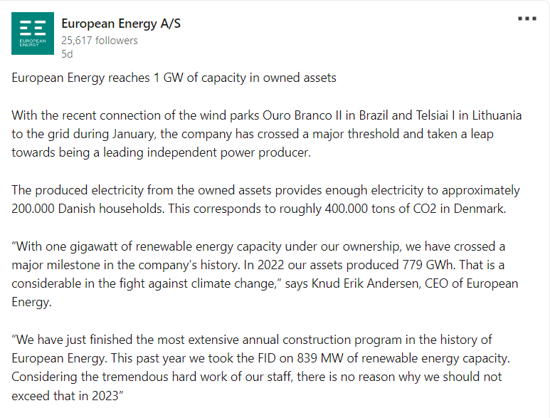 European Energy LinkedIn post | European Energy Achieves 1 GW of Capacity Benchmark in Owned Assets