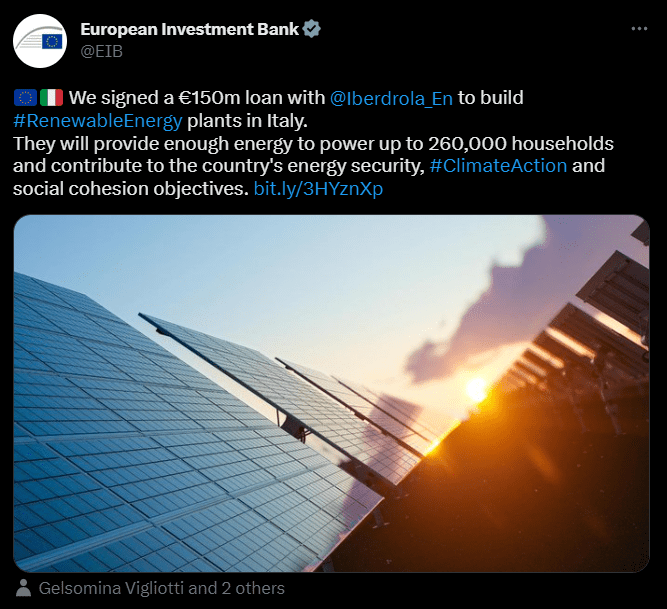 European Investment Bank tweet | EIB Grants Iberdrola €150 Million Green Loan to Build RE Plants in Italy