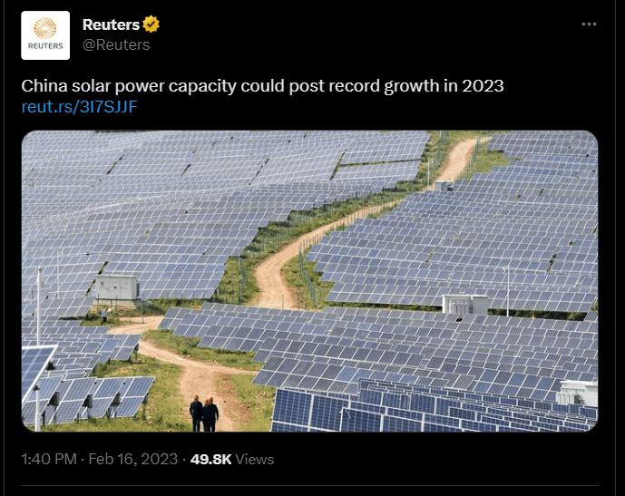 Reuters tweet | In 2023 China Solar Power Capacity could potentially achieve Record Growth