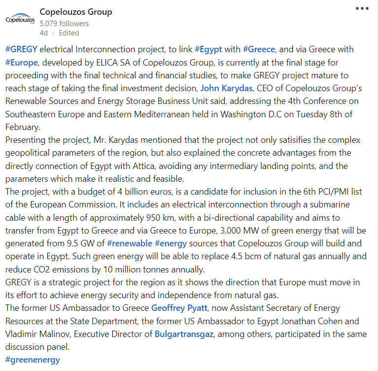 Copelouzos Group linkedIn post | Sahara to Power European Homes through Massive GREGY Undersea Interconnection Cable