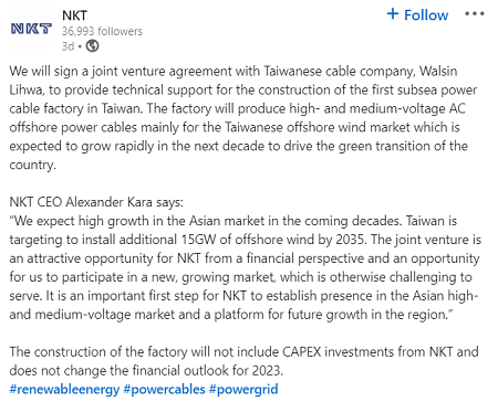 NKT LinkedIn post | Joint Venture Between Walsin Lihwa and NKT To Support Construction Of 1st Offshore Power Cable Factory in Taiwan