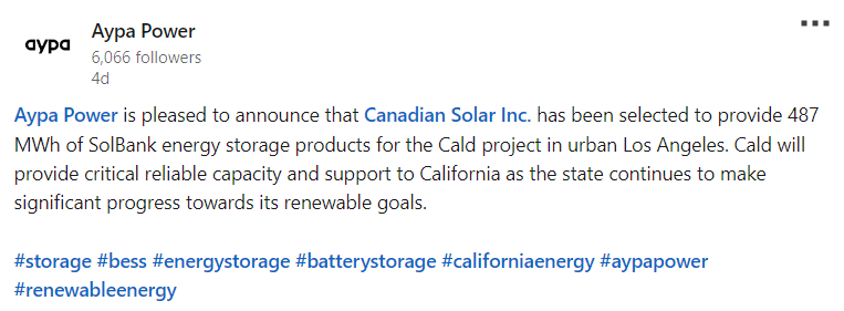 Aypa Power LinkedIn post | CSI Energy Storage from Canada to Supply 487 MWH Solbank Energy Storage Products to Aypa Power
