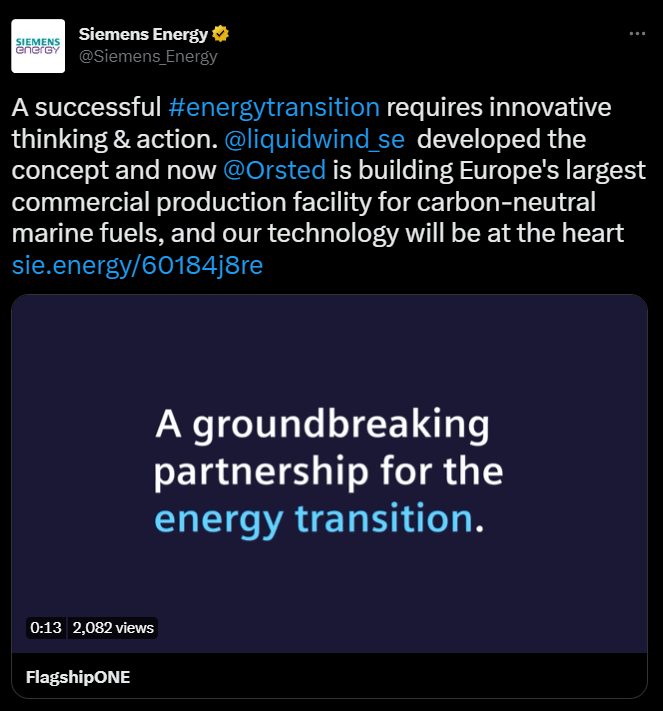 Siemens Energy tweet | ×˜rsted with Siemens Energy Technology Building The Blueprint for E-Fuel Commercial Production