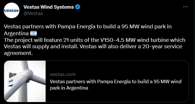 Vestas Wind Systems tweet | Pampa Energy Partners with Vestas to Deliver a 95 MW Wind Park in Argentina