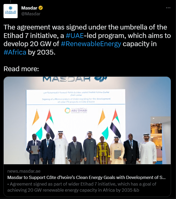 Masdar tweet | Masdar will Develop a 70 MW Solar Power Plant in C×´te d'Ivoire
