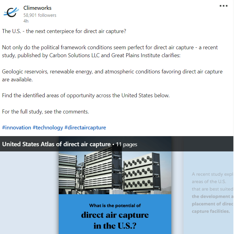 Climeworks linkedin post | Scientists Came Up with a Technology that will Suck Up Carbon Dioxide and Convert it into Baking Soda to Store in Oceans