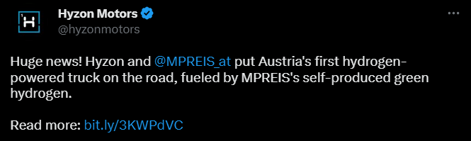 HYZON Motors tweet | Jan23 MPREIS Puts First-Ever Hydrogen Truck into Service