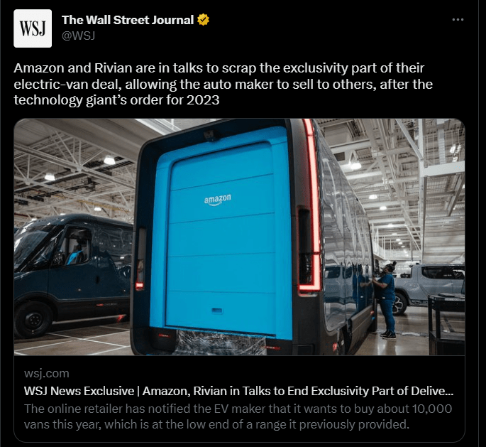 WSJ tweet | Rivian and Amazon are All Set to End their Exclusive EV Van Agreement Clause