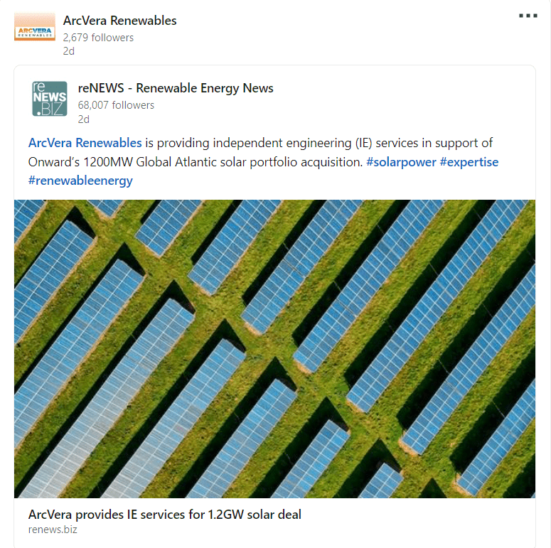 ArcVera linkedin post | 1.2 GW Solar Portfolio Acquisition of Onward Energy is Supported by Independent Engineering Services by ArcVera