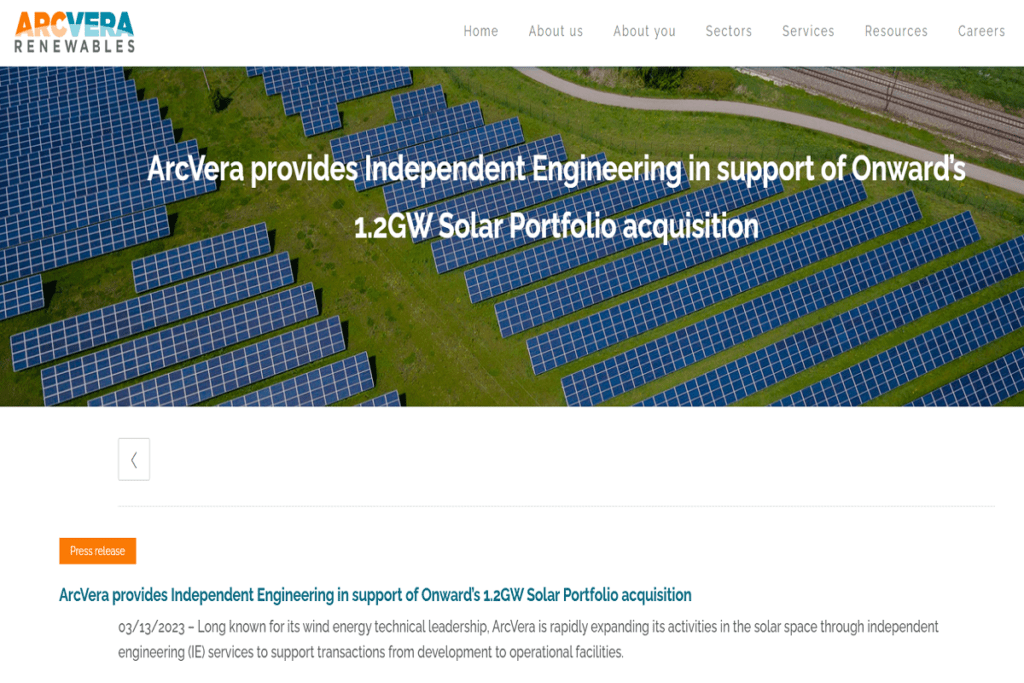 1.2 GW Solar Portfolio Acquisition of Onward Energy is Supported by Independent Engineering Services by ArcVera 1.2 GW Solar Portfolio Acquisition of Onward Energy is Supported by Independent Engineering Services by Arcvera