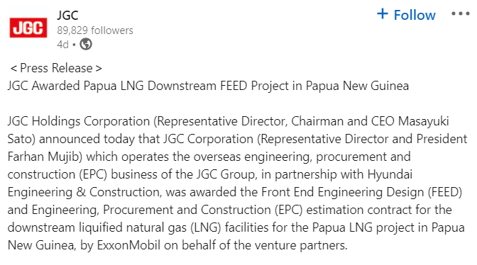 JGC linkedin post | Papua LNG Downstream FEED Deal was Awarded to JGC and Hyundai