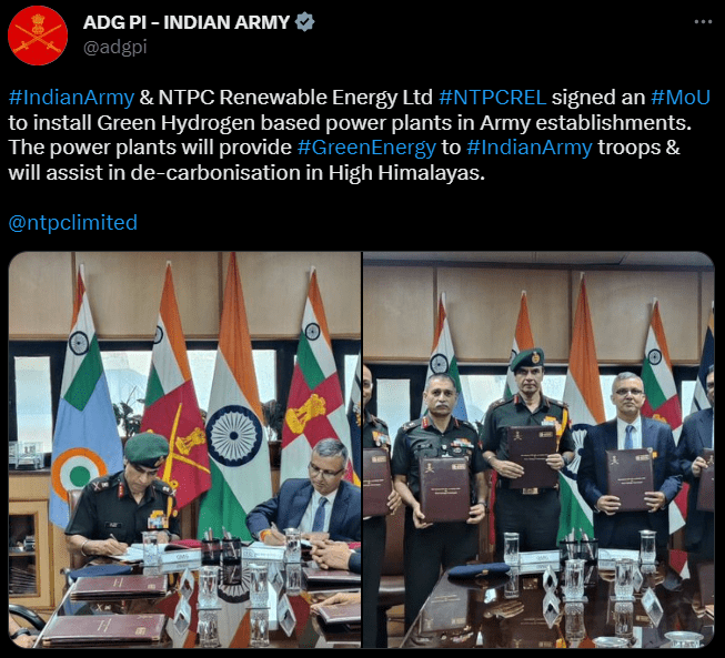 ADG PI INDIAN ARMY tweet | Indian Army Intends to Build Green Hydrogen-Powered Power Plants near The Indo-China Border