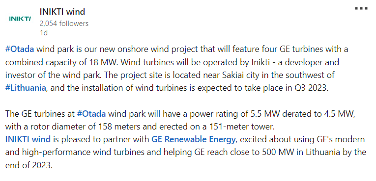 Inikti linkedin Post | GE Renewable Energy Wind Power Supply Continues To Lithuania