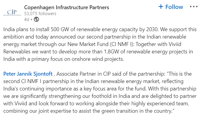 Copenhagen Infrastructure Partners LinkedIn | CiP in Long-Term Collaboration with Viviid India to Create 1.8GW of Renewable Energy Projects