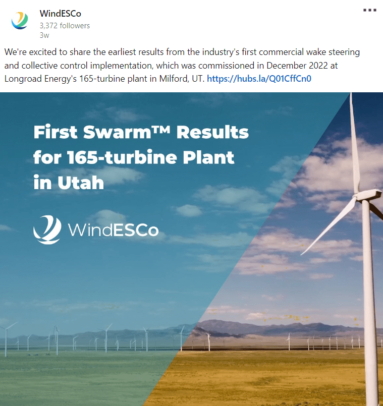 Windesco linkedin post | WindESCo and Longroad Energy Collaborated to Deliver the First Major Wake Steering Installations
