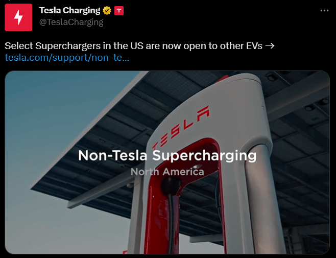 Tesla Charging tweet | Welcome News for Non-tesla EV Owners as Tesla Supercharger is Available to Use for them at Select US Sites
