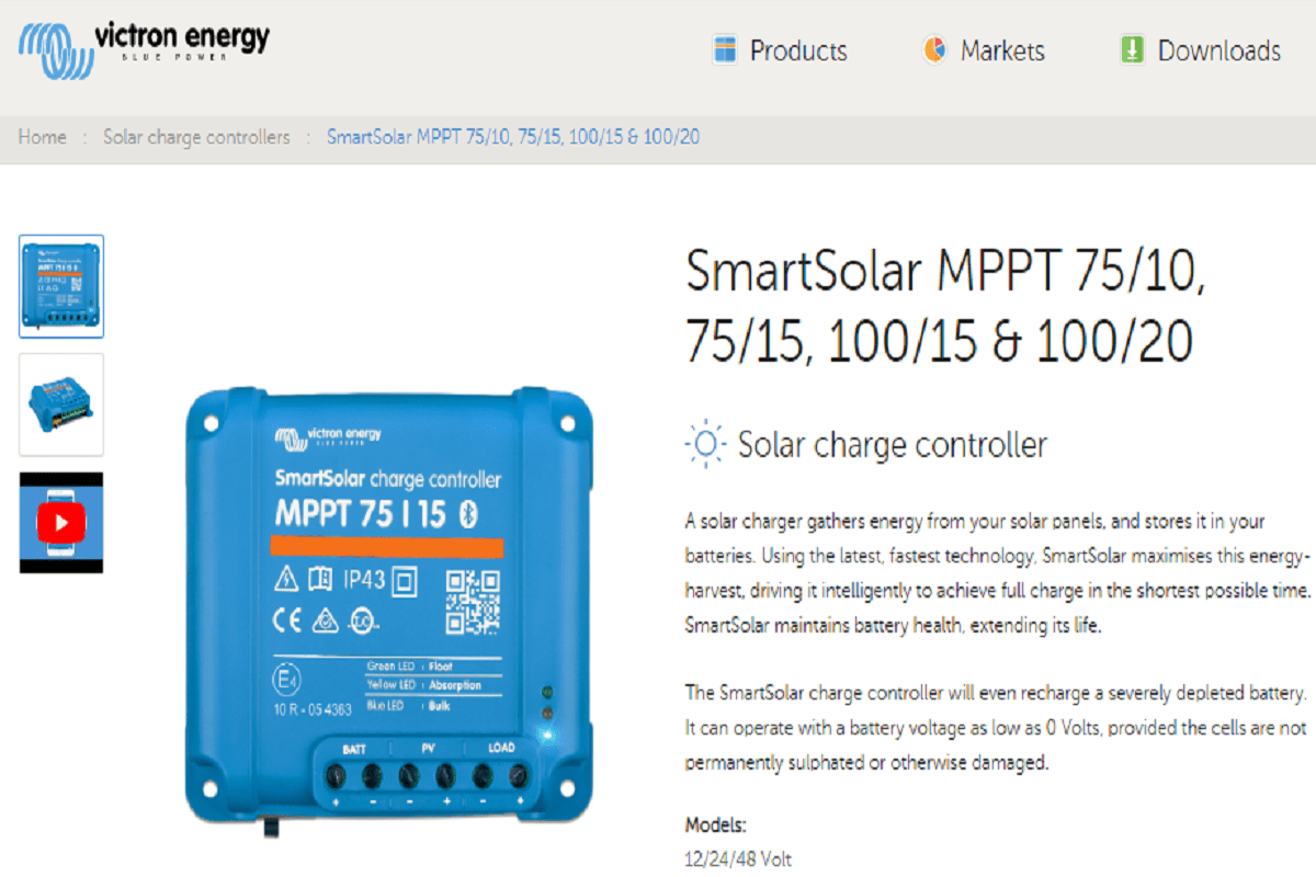 MPPT-100/20-48V  Victron Energy SmartSolar 12v 24v 48v 20 Amp MPPT Solar  Charge Controller