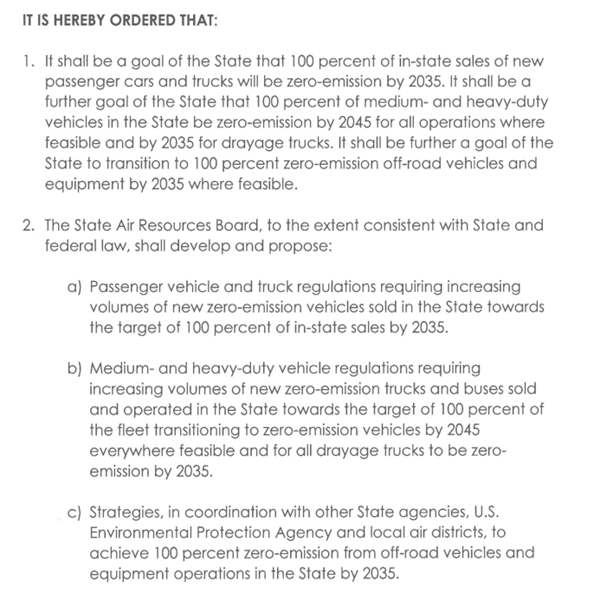California Office of Governor Declaration of gas car ban by 2035