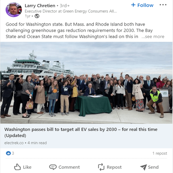 Larry Chretien LinkedIn post on states banning gas cars law