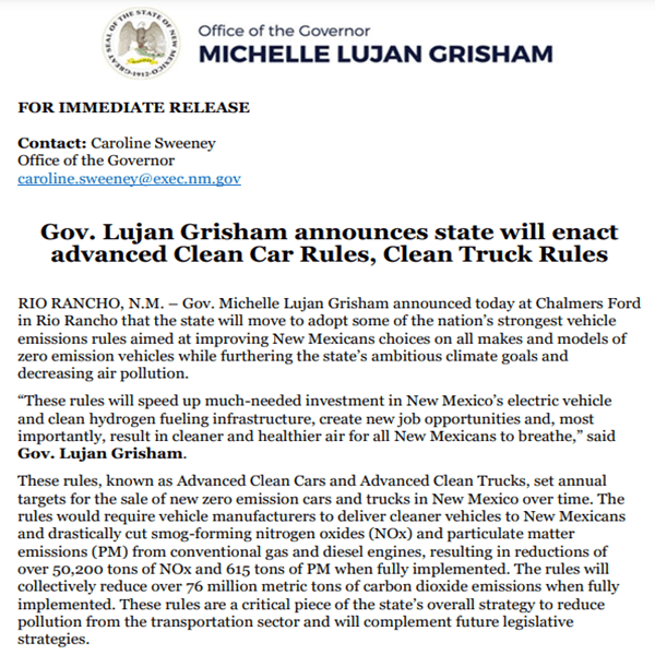 New Mexico Environment Department Gov. Lujan Grisham's official announcement on 2035 gas car ban
