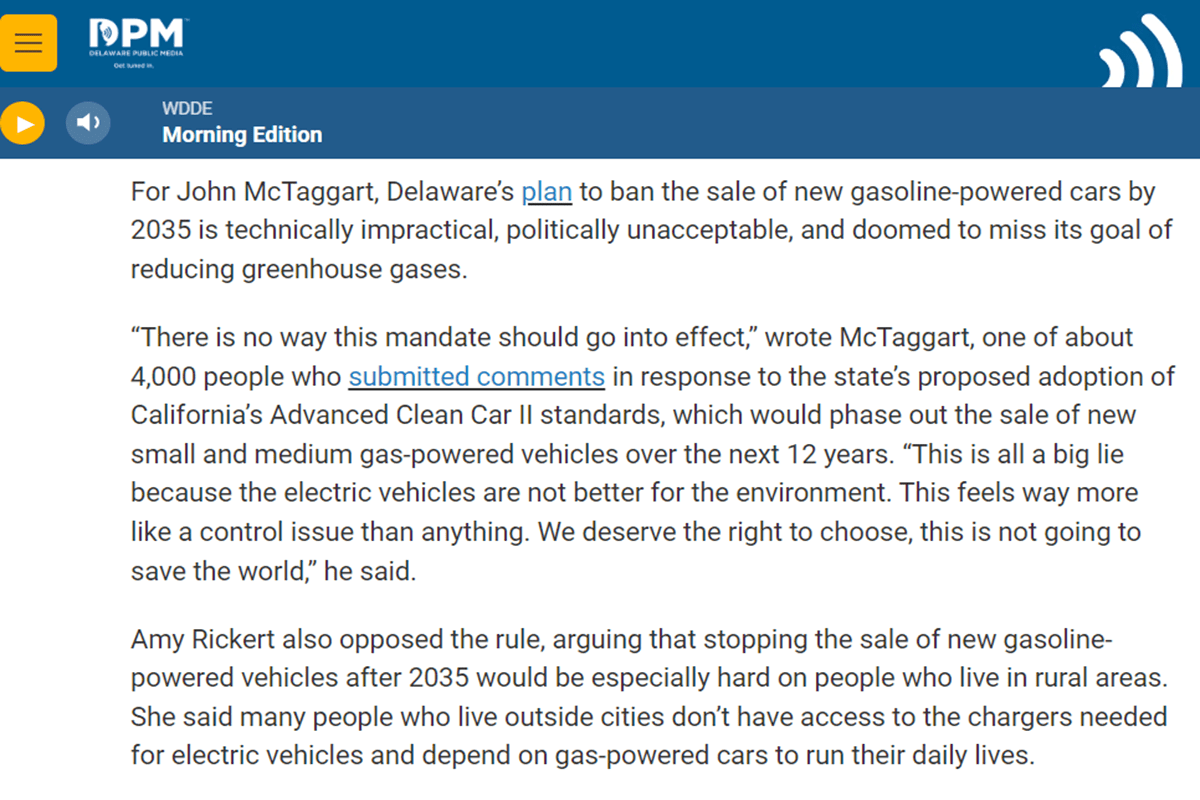 Official News clip by Delaware Public Org on banning gas powered cars