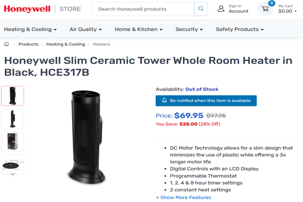 Honeywell: energy efficient space heater with thermostat